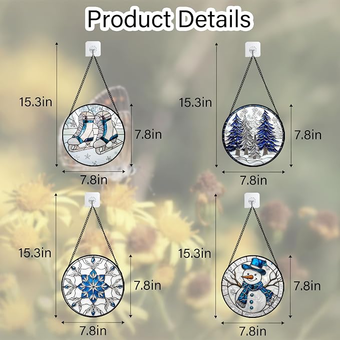 DASTOLL Stained Glass Window Hanging 4 Pcs Set White Winter Christmas Snow - Image 6