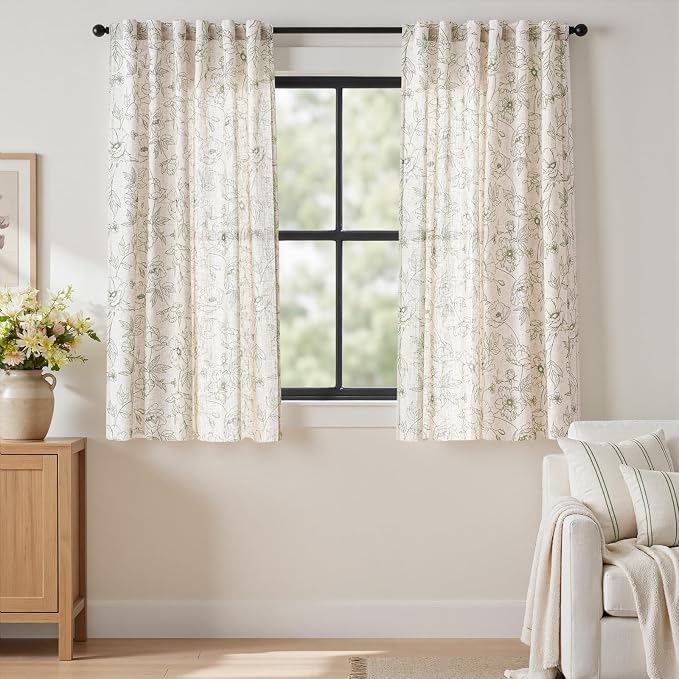 jinchan Floral Linen Curtains for Living Room 63 Inch Length Green Flower by JINCHAN