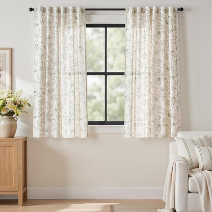 jinchan Floral Linen Curtains for Living Room 63 Inch Length Green Flower by JINCHAN