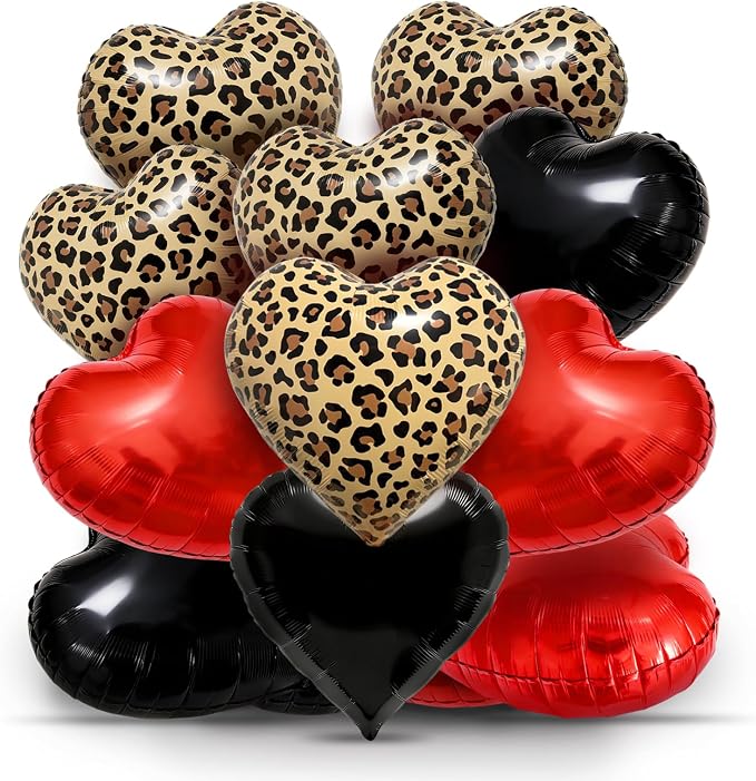 15Pcs Leopard Print Red Black Heart Balloons 18 Inch cheetah Heart Shaped Foil by EDFHSEZ