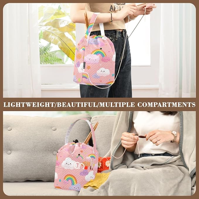 Multicolored Stars Rainbows Yarn Bag Small Crochet Bag Drawstring Yarn Storage - Image 5