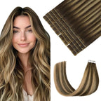 Pinkpearl Invisible Tape in Hair Extensions Human Hair, 20pcs 16inch 45g #4/27/4 Balayage Chocolate Brown to Caramel Blonde Injection Tape in Extensions Real Remy Seamless Human Hair Injected