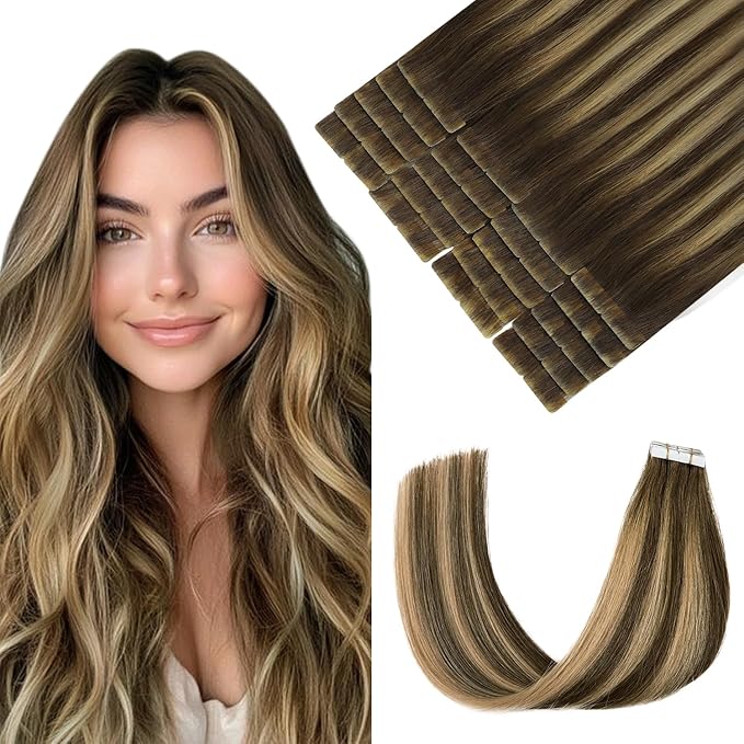 Pinkpearl Invisible Tape in Hair Extensions Human Hair, 20pcs 18inch 50g #4/27/4 Balayage Chocolate Brown to Caramel Blonde Injection Tape in Extensions Real Remy Seamless Human Hair Injected