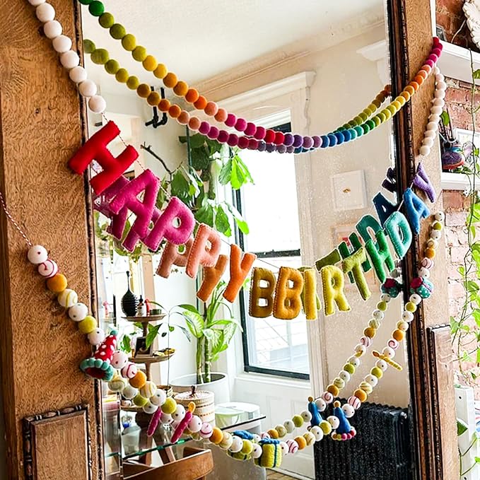 Pre-Strung Birthday Banner Handmade 3D Wool Felt Hats Rainbow Ball Garland | - Image 7