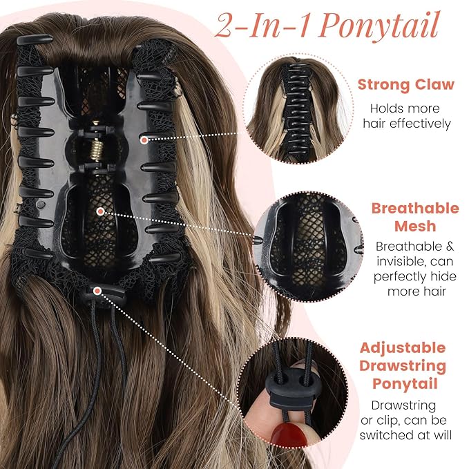Claw Clip Ponytail Extension 18 Inch Curly Wavy Ponytail Extension Jaw Clip on Pony Tails Hairpiece for Women Fluffy Natural Synthetic for Daily Use (Chocolate Brown with Blonde Highlights)