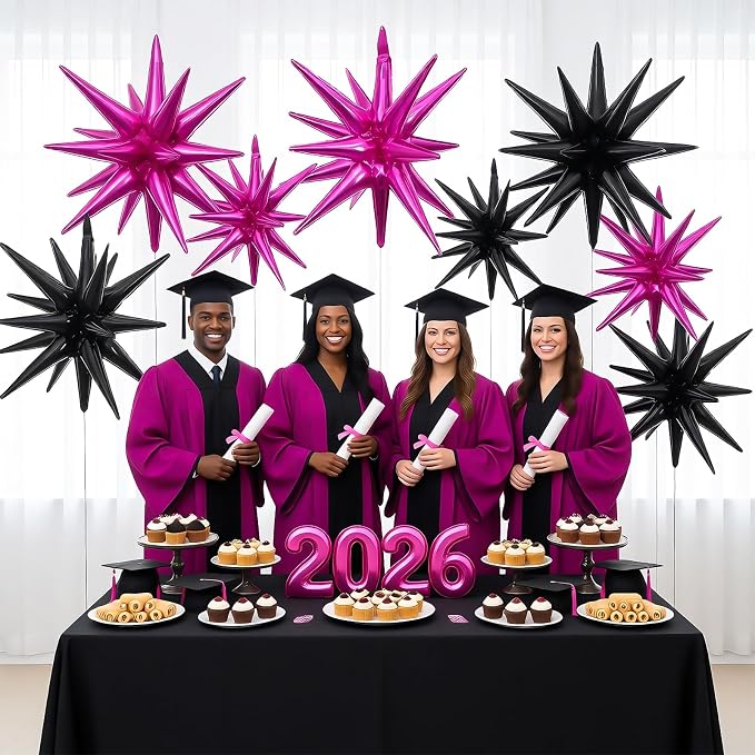 9Pcs Hot Pink and Black Star Balloons, Large Explosion Foil Balloons, Metallic - Image 4