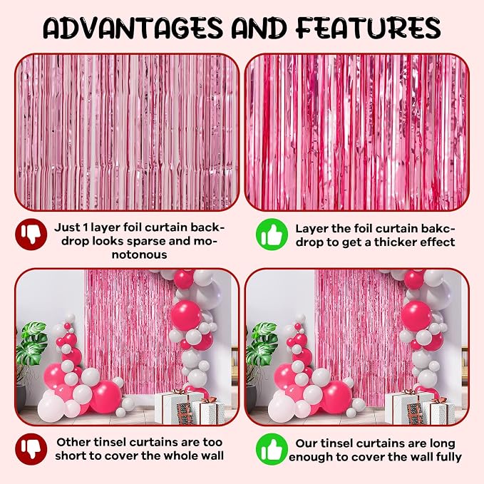 Voircoloria Pink Foil Fringe Backdrop Curtains, 2 Pack | Tinsel Streamers - Image 5