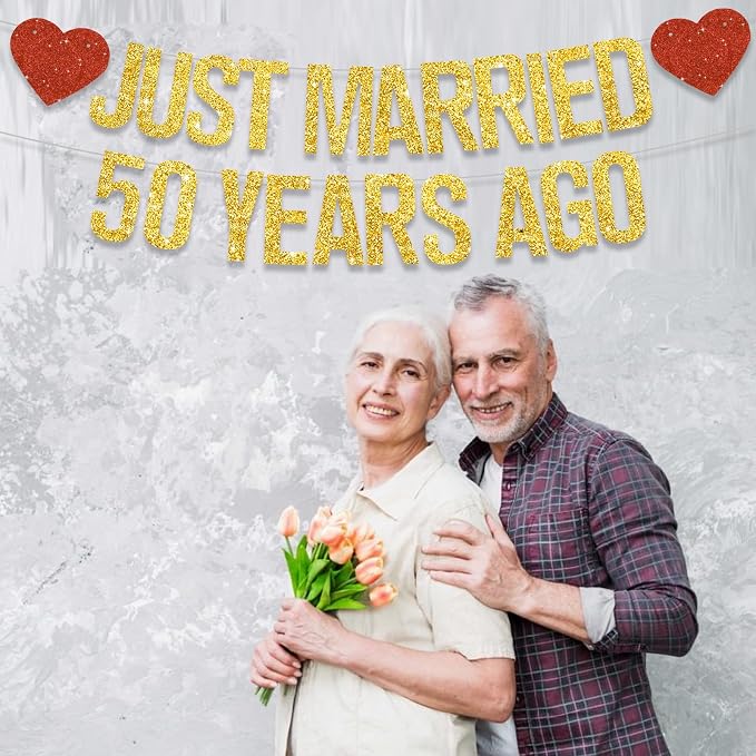 Gold Glitter Just Married 50 Years Ago Banner, NO DIY, Pre-Strung 50th Wedding - Image 5