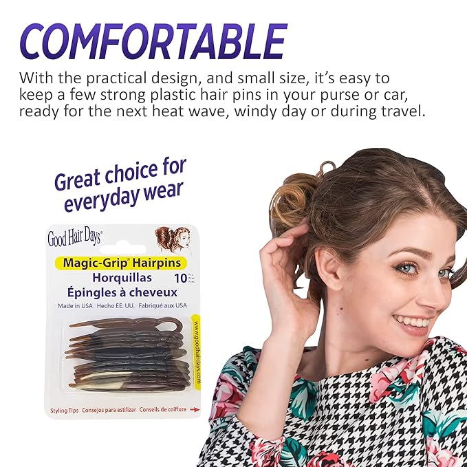 Good Hair Days Hair Pins - 2 1/2" Plastic, U-shaped Magic Grip Hairpins, Strong Durable Pins For Fine, Thick & Long Hair, Styling Accessories - Black, Set of 10