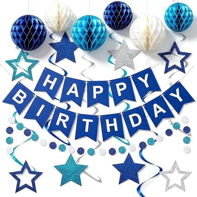 Blue Birthday Decorations for Men | Pre-Strung Happy Birthday Banner by Unknown