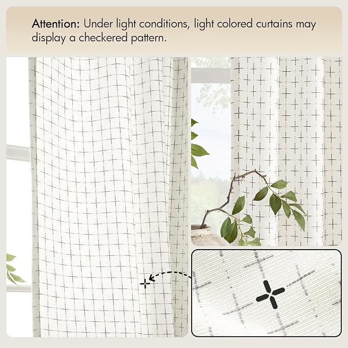 MIULEE Patterned Farmhouse Linen Curtains, Back Tab, Pure White | Linen Curtains - Image 7