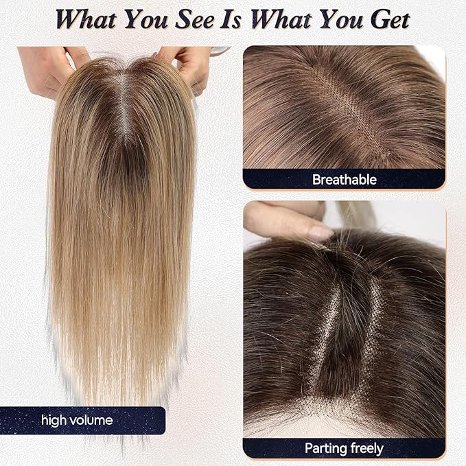 starluck Hair Toppers for Women Real Human Hair No Bangs, 100% Remy HumanHair Toppers for Women Hand-woven with Thinning,Cover Gray Roots,Adds Volume,Ombre Ash Blonde