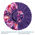 Upgraded Waterproof Terry Shower Caps, Reusable Shower Cap for Women with Long Hair, Soft Absorbent Hair-Protecting Towel Lining Bath Cap, Large Leak-Proof Hair Cap with Fashionable Print Outer-Purple