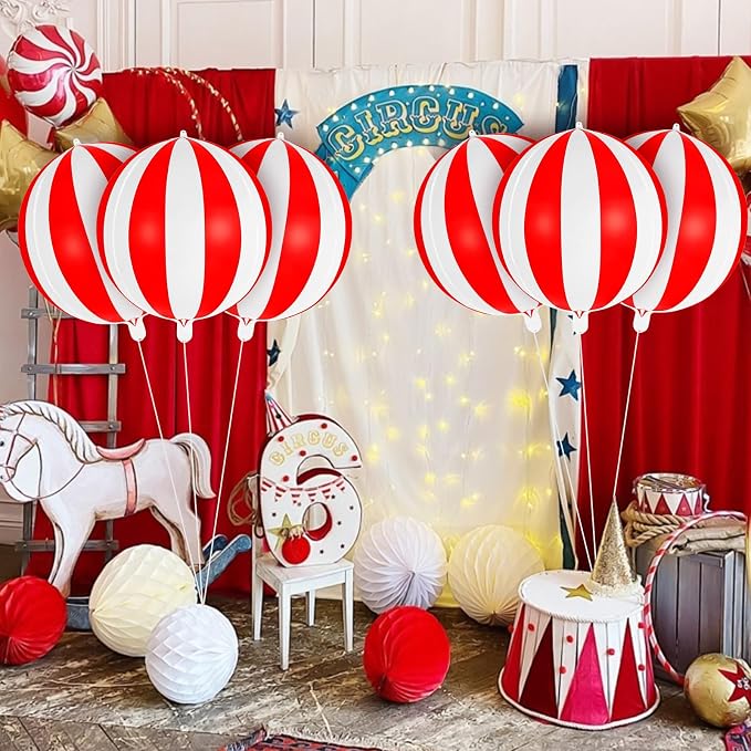 Red and White Striped Balloons, 22 Inch Metallic Circus Foil Balloons - Image 2