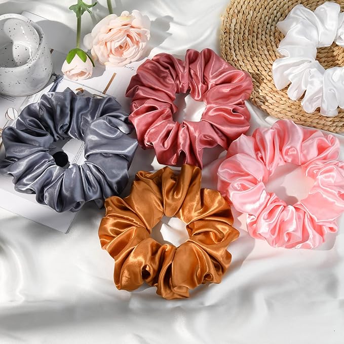 CEELGON Large Silk Satin Scrunchies for Women - Big Jumbo Hair Ties for Thick Curly Hair - Pack of 6 (Black, Pink, Dusty Blue, Gold, White)