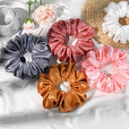 CEELGON Large Silk Satin Scrunchies for Women - Big Jumbo Hair Ties for Thick Curly Hair - Pack of 6 (Black, Pink, Dusty Blue, Gold, White)