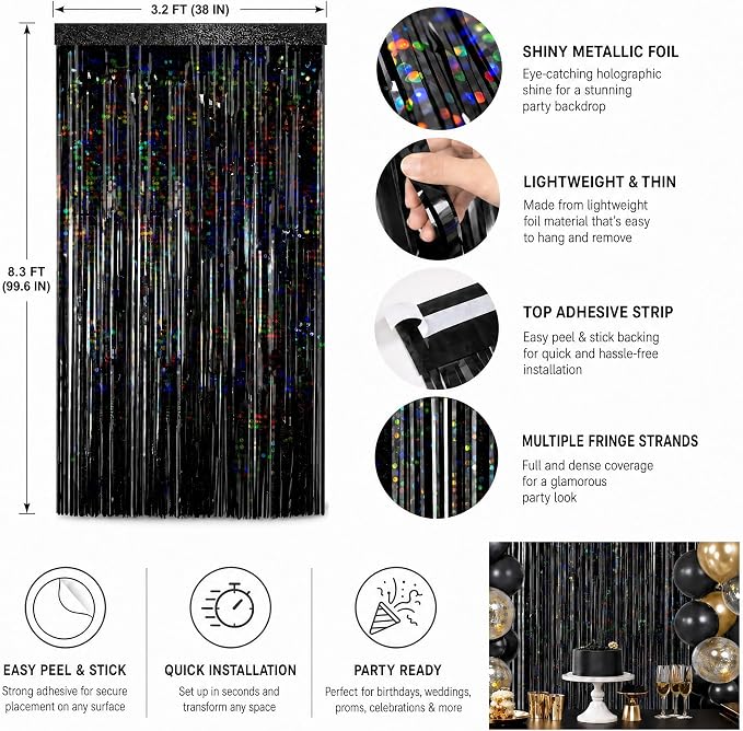 Black Fringe Curtain Party Streamers 2Pack 3.3x8.3 Ft Foil Fringe Backdrop - Image 3