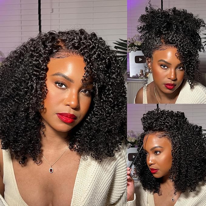 Julia Hair 12A Bye Bye Knots Glueless Wig Kinky Curly 7x5 Pre Cut Lace Front Wigs Invisible Knots Virgin Human Hair HD Lace Frontal Pre Bleached Wig 180% Density 26 Inch
