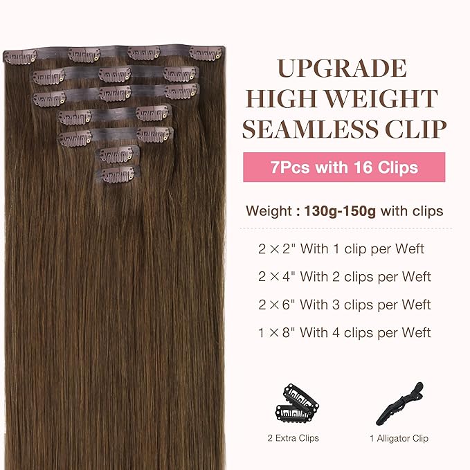 GOO GOO Clip in Hair Extensions Real Human Hair, Remy Human Hair Extensions Clip ins for Women, Natural Human Hair, 20inch 150g 7Pcs, 4A Chocolate Brown