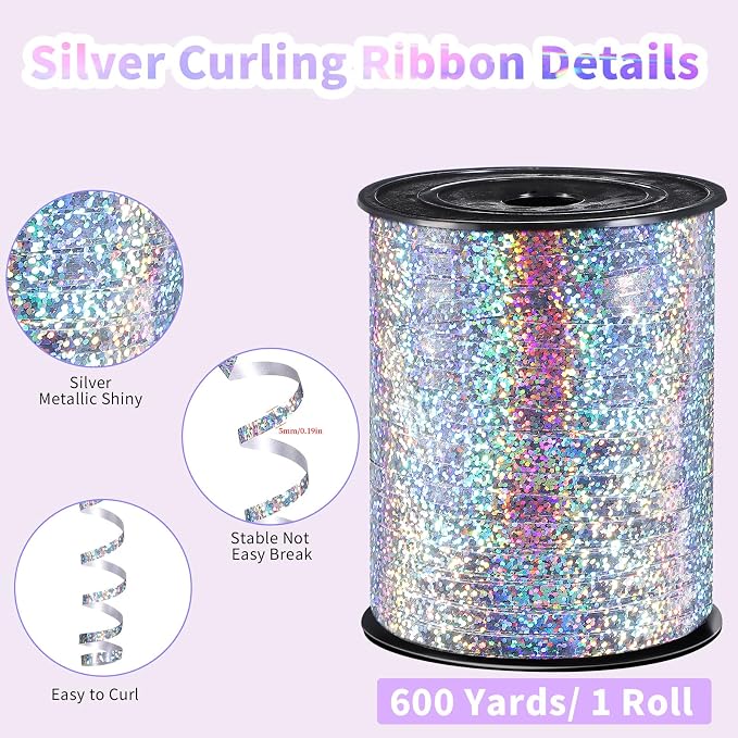 woric Silver Curling Ribbon 600 Yards 1/5 Inch Balloon String Ribbon | Metallic - Image 2