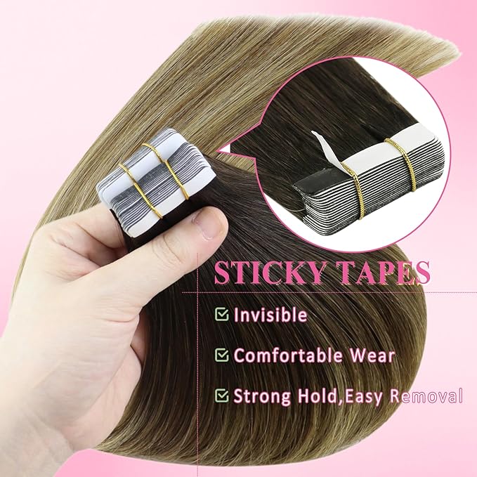 YoungSee Tape in Extensions Balayage Tape in Hair Extensions Human Hair Ombre Dark Brown to Brown with Blonde Tapes on Hair Extension 20pcs Real Hair 22In Long Hair Extension 50g for Parties