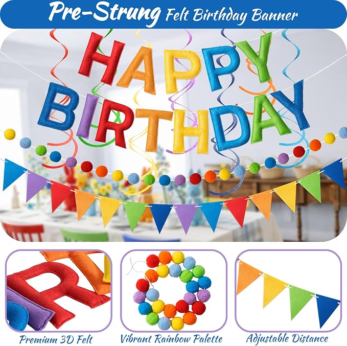 Kriyokiaa Colorful Rainbow Happy Birthday Banner Garland Set | Pre-strung felt - Image 3