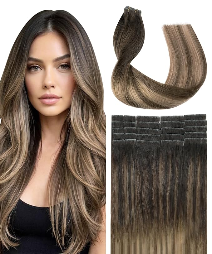 SURNEL Injected Tape in Hair Extensions Balayage Dark Brown to Dirty Blonde Seamless Remy Invisible Tape in Extensions Human Hair 14inch 20 Pcs 30g(#2618,14)
