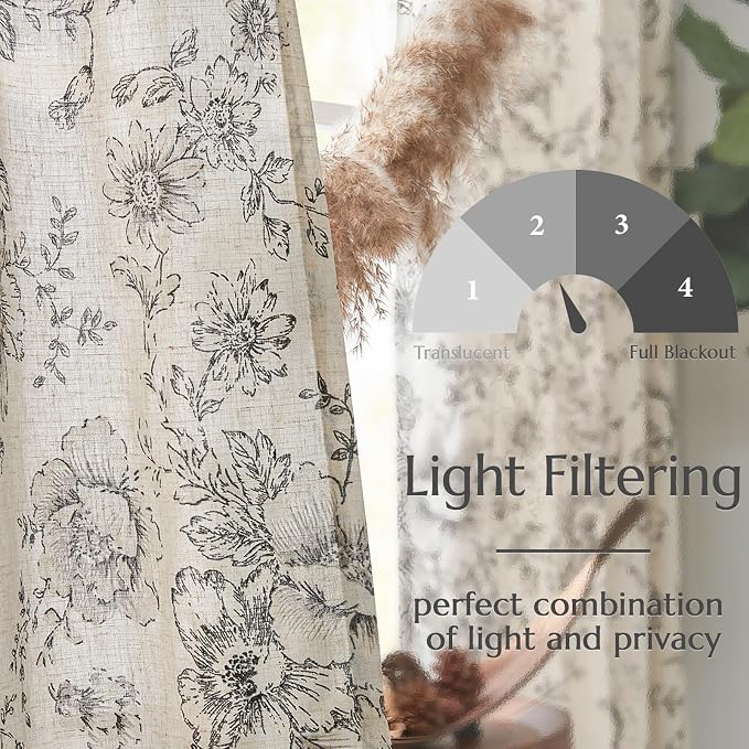 jinchan Black Floral Linen Curtains Lined 63 Inch Vintage Back Tab 2 Panels | - Image 4