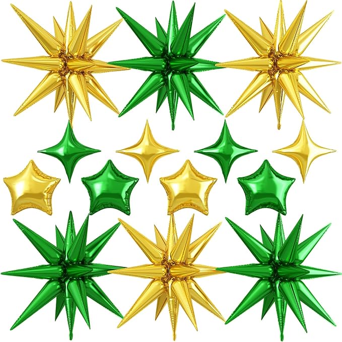 14pcs Green Gold Star Balloons, Mixed Star Foil Balloon, 22Inch Explosion Stars by vibzox