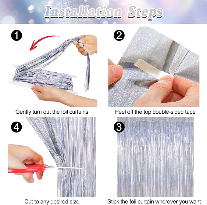 ZATAYE 12 Pack Glitter Silver New Years Eve Foil Curtain Decorations | Glitter - Image 3