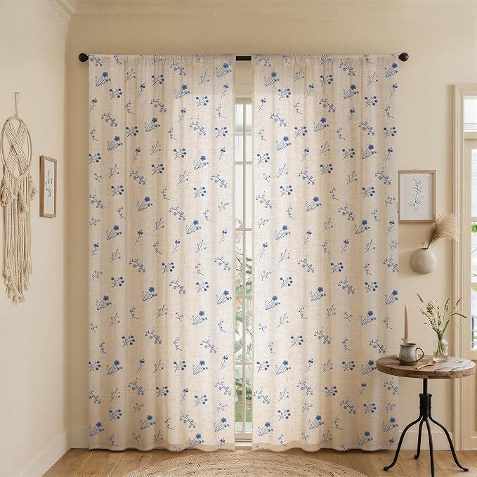 Blue Floral Embroidered Light Filtering Curtains 84 Inch 2 Panels | Linen Blend - Image 2