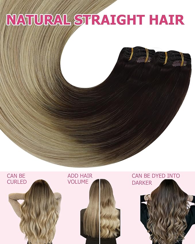 YoungSee 150G Clip in Hair Extensions Ombre Real Human Hair Extensions Clip ins Medium Brown Ombre Golden Blonde Mix Platinum Blonde Clip in Extensions Real Human Hair 7Pcs 24Inch