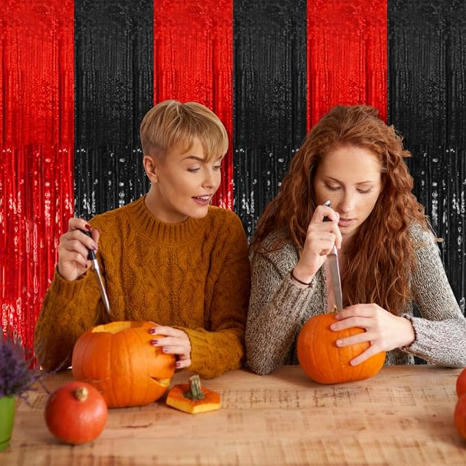 2 Pack Black and Red Backdrop Party Decorations Tinsel Curtain Halloween Party - Image 3