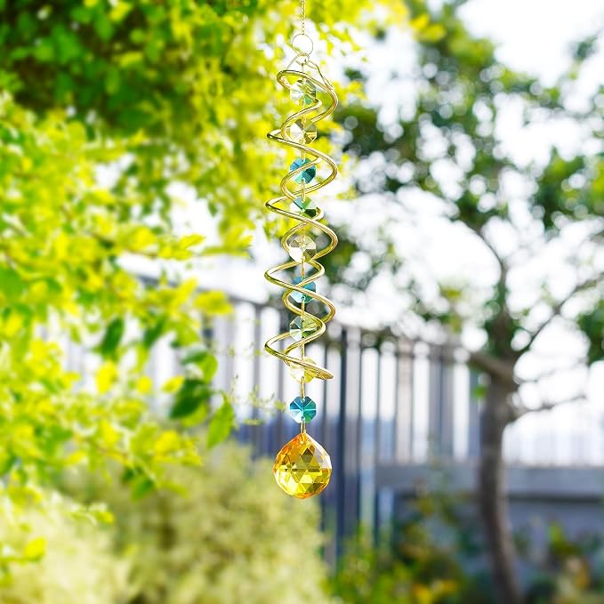 20.5in Yellow Crystal Gazing Ball Spiral Wind Spinner Suncatcher Decor | Yellow - Image 7