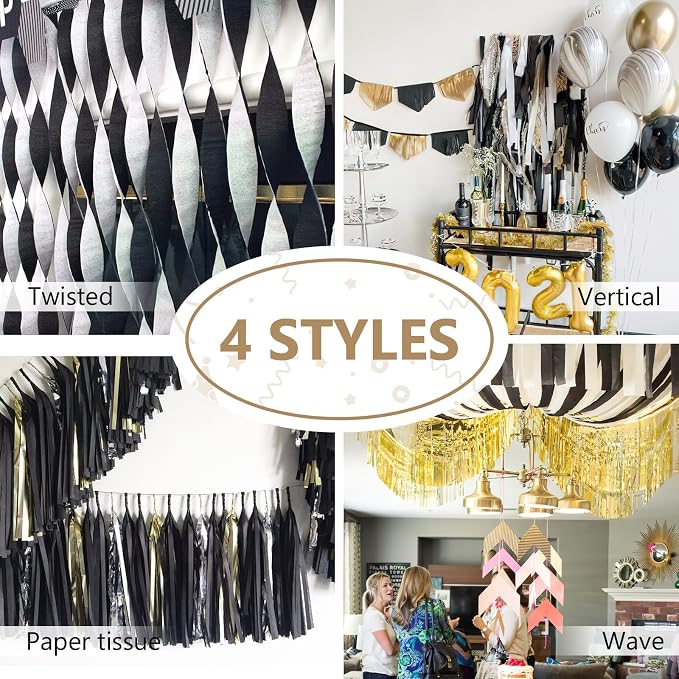 PartyWoo Black Gold Crepe Paper Streamers 6 Rolls 492 FT Streamers | Birthday - Image 6