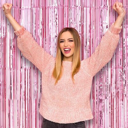 Voircoloria 3 Pack 3.3 x 8.2 ft Light Pink Foil Fringe Backdrop Curtains - Image 7