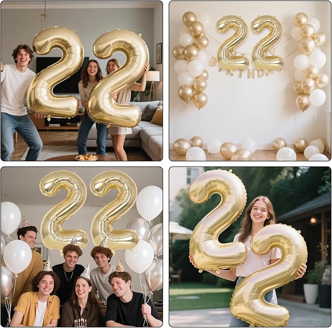 Champagne Gold Large Number 22 Balloon, 40 Inch Light Gold Foil Helium Number - Image 7