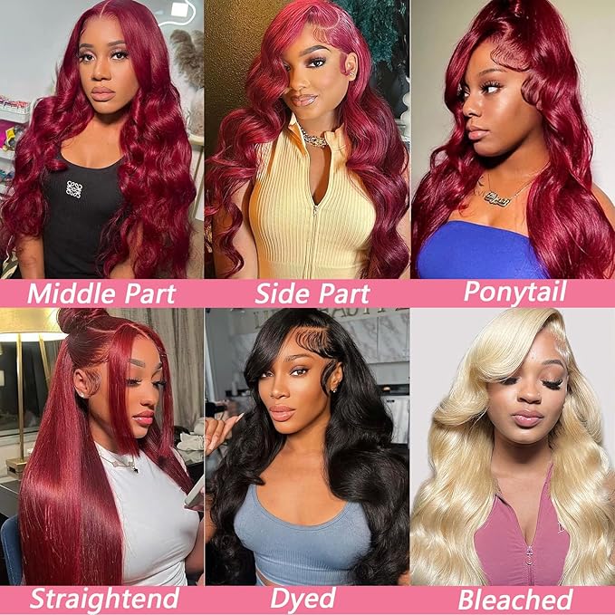 99J Burgundy wig human hair 13x4 body wave lace front wigs human hair 180 Density Pre Plucked Glueless Wine red colored lace front wig for Women 26inch