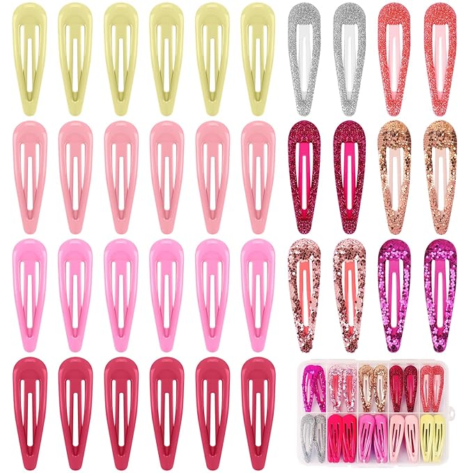 Glitter Pink Snap Hair Clips by FLAREANN – 36 PCS 2 Inch Non-Slip Metal Barrettes for Girls & Women in Glitter, Shimmer & Glossy Finishes – Cute Pink Hair Clips for Everyday Styling & Gifting