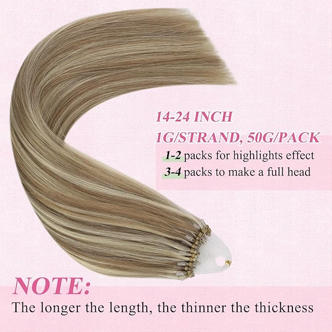 YoungSee Micro Link Hair Extensions Human Hair Highlight Micro Loop Hair Extensions Real Human Hair Light Brown Highlights Blonde Microbead Hair Extension for Adding Hair Volume 18 Inch 50s 50g