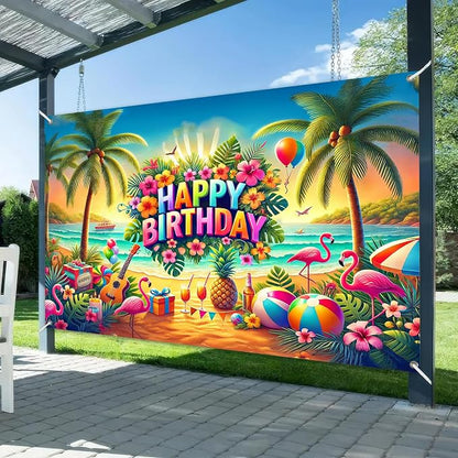 BlissYard Beach Hibiscus Polyester Birthday Banner 71x43 Inch Decor | Polyester - Image 2