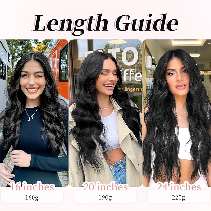 KooKaStyle Hair Extensions Black Mix Red Highlights 1B/113# Clip in Synthetic Highlight Hair Extensions Long Wavy 4PCS Thick Hairpieces 20 Inch for Women