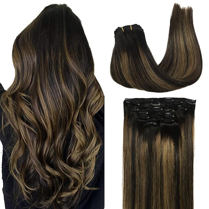 GOO GOO Clip in Hair Extensions Real Human Hair, Remy Human Hair Extensions Clip ins for Women, Natural Human Hair, 26inch 180g 7Pcs, #1B/6/1B Balayage Natural Black to Chestnut Brown