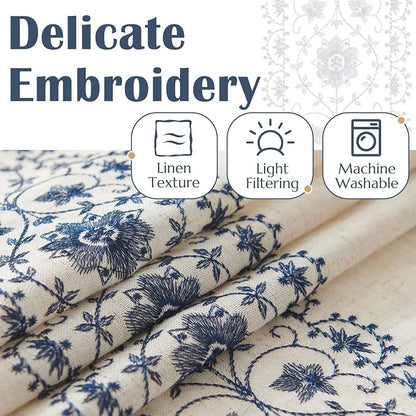 jinchan Floral Linen Curtains Embroidered Back Tab 50x90in 2 Panels Blue | - Image 4