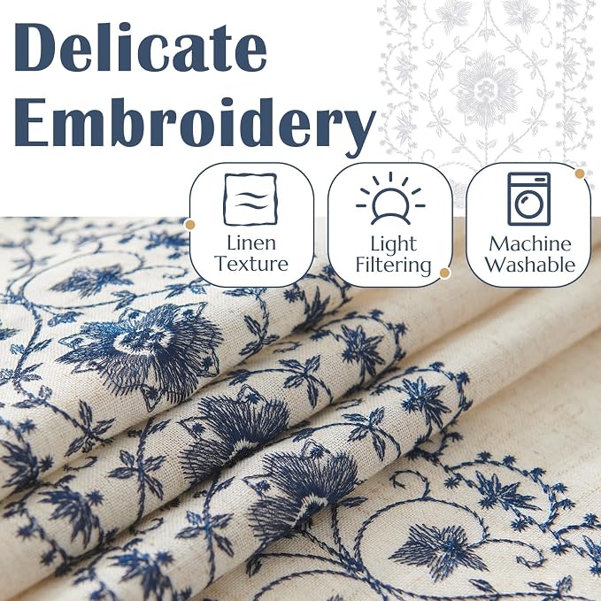 jinchan Floral Linen Curtains Embroidered Back Tab 50x84in 2 Panels Blue | - Image 4