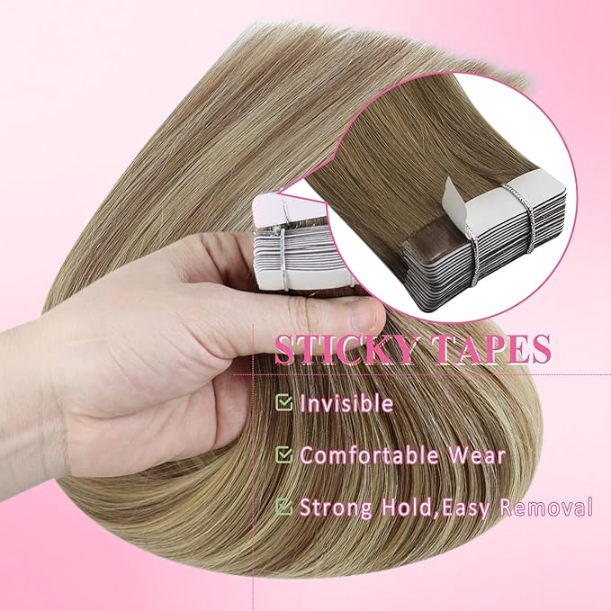 YoungSee Human Hair Tape in Extensions Balayage Tape in Hair Extensions Real Human Hair Light Brown Ombre Blonde Tapes ins Human Hair Extension 12In 20pcs 30g Adhesive Hair Extension for Short Hair