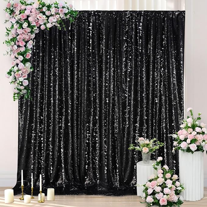 Black Sequin Backdrop for Halloween Sequin Photo Curtains 10ft x 10ft | Glitter - Image 3