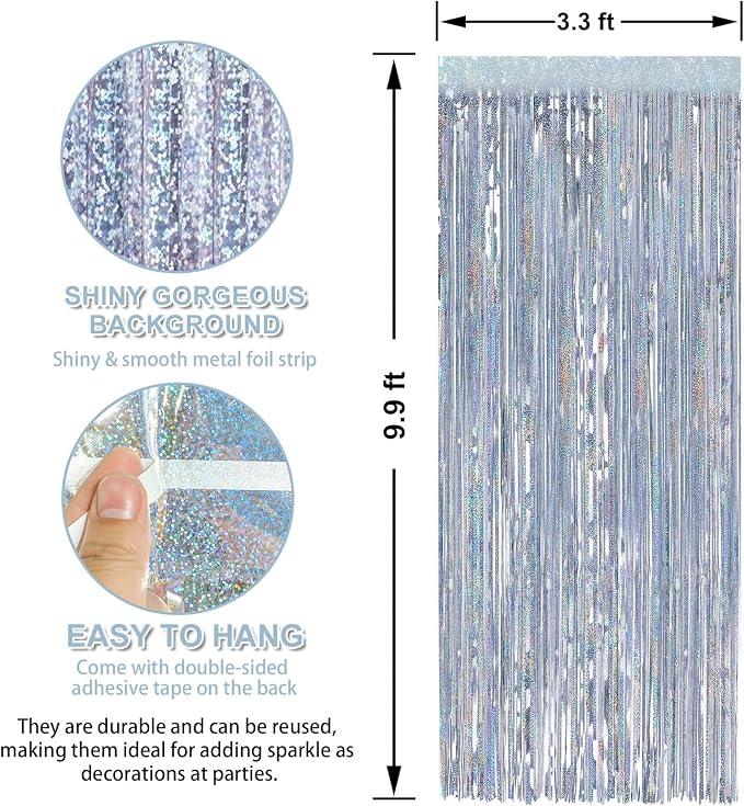 7 Pack 3.3 x 9.9 ft Holographic Silver Tinsel Streamers Party Decorations | - Image 2