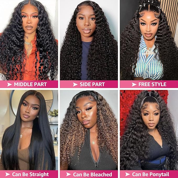 13x6 Deep Wave Lace Front Wigs Human Hair 200 Density HD Lace Front Wigs Human Deep Curly Human Wig Pre Plucked Deep Wave Glueless Frontal Wigs with Baby Hair (34 Inch)