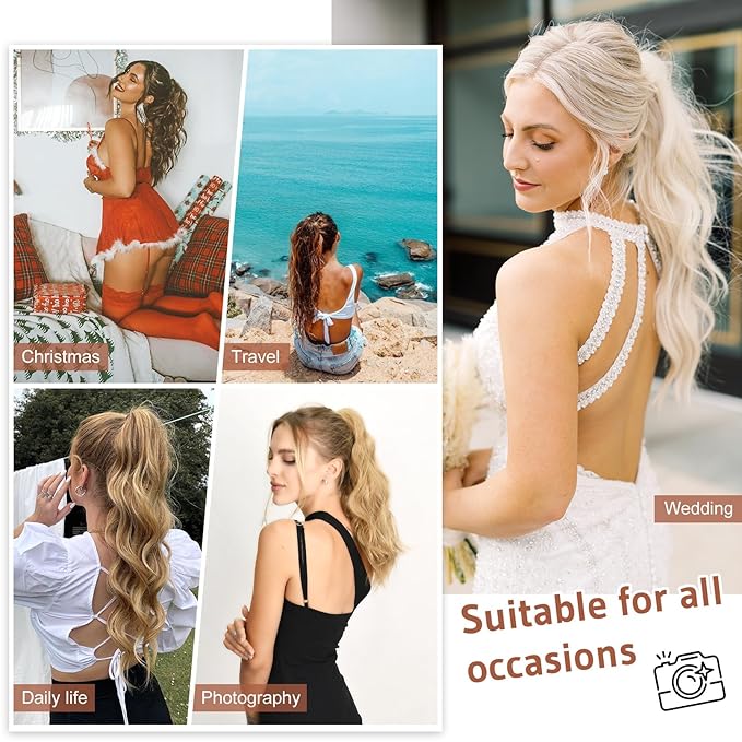 FLUFYMOOZ Ponytail Extension, 18 Inch Claw Clip Ponytail Extension, Wavy Curly Claw Clip in Ponytail Hair Extensions, Natural Fake Ponytail Synthetic Hairpiece for Women (Chocolate Brown with Blonde Highlights)